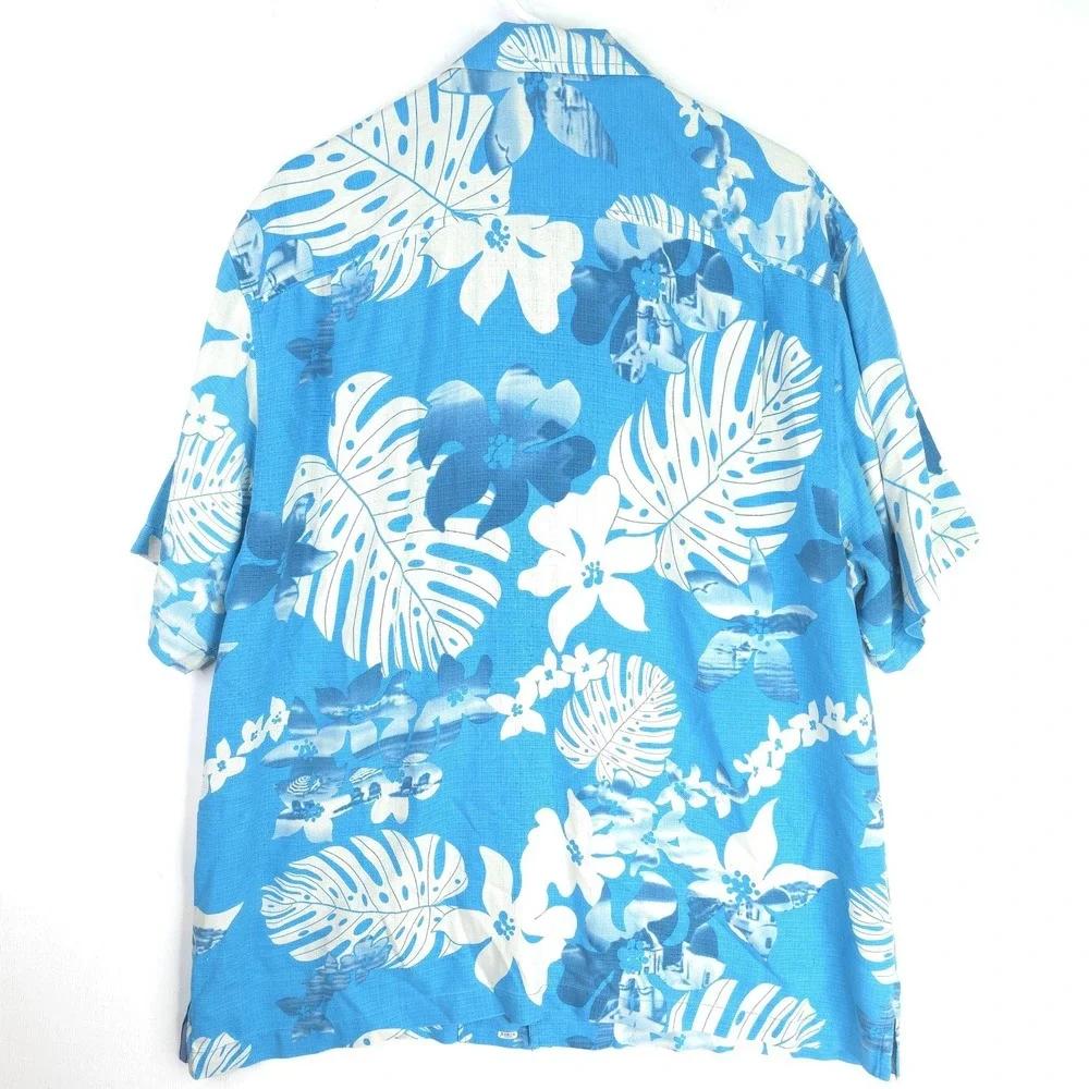Tommy Bahama Shirt Mens XL Blue White 100% Silk Floral Hawaiian Camp Loop Collar - Picture 4 of 9